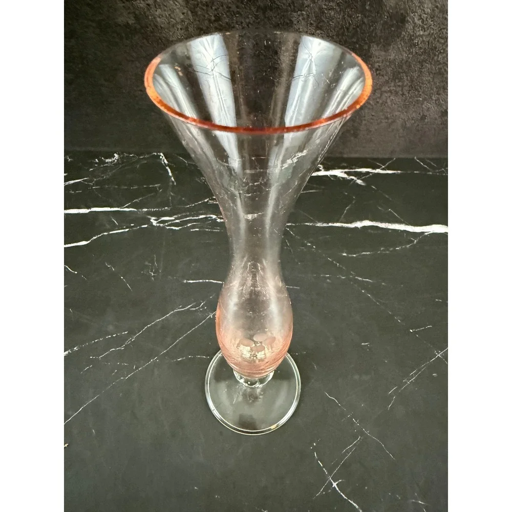VTG Floral Etched Footed Bud Vase Pale Pink Flared Top 8in Tall MINT!